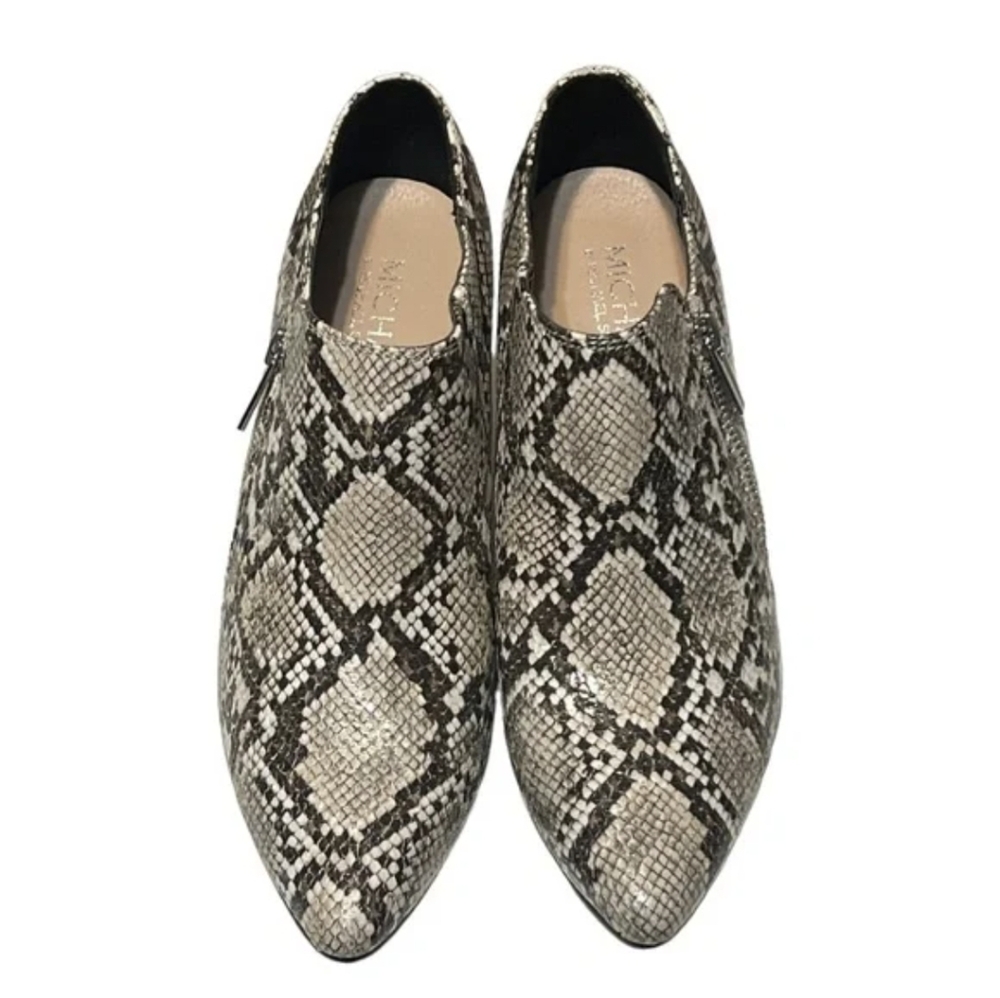 Michael Shannon Griffyn Boot Faux Leather Snake Pointy Toe Low Ankle Block Heel